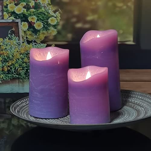 Image of iZAN 3 Pack Real Wax Flameless Candles Battery Operated LED Pillar Flickering Realistic Electric Candle Gift Sets with Remote Control and Cycling 24 Hours Timer 3 inchD X 4 inch 5 inch 6 inch H (Purple)