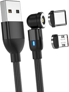 1m Black 2 in 1 Magnet Phone Charger 360°&180° Rotating USB Cable with LED Light Magnetic Charger Cable for Micro USB Type C Phone Nylon-Braided Cords with 1 Micro and 1Type C Magnetic Connector