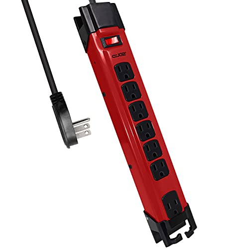 Digital Energy 15-FT 7 Outlet Metal Surge Protector Power Strip 14 AWG Extension Cord, 1350 Joules, Heavy Duty Workshop Mountable Built in Cord Management, Red