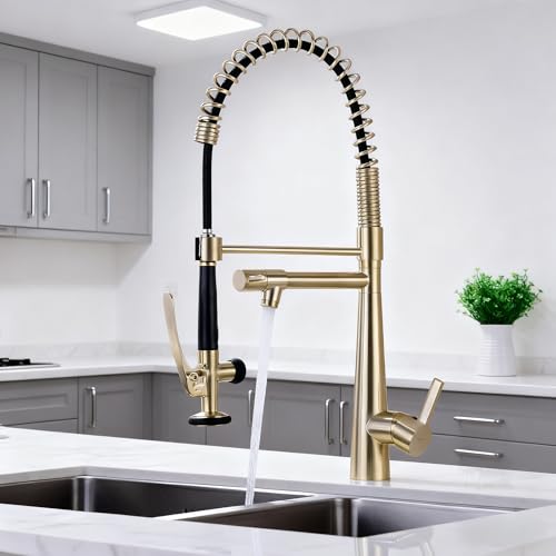 Image of Copper Kitchen Faucet, Solid Brass Brushed Gold Kitchen Faucet, Heavy Duty Spring Pre-Rinse Single Handle Kitchen Faucets with Pull Down Sprayer and Pot Filler, Commercial Style Sink Faucet
