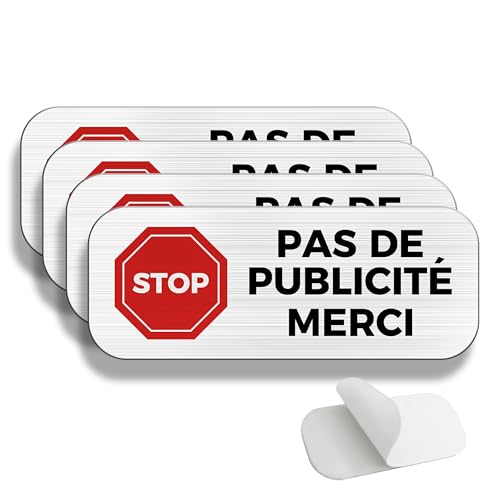 FloraVigo Pas de Publicité Merci 60x25 mm Plaque pour bôite aux Lettres Aluminium brossé Aspect Acier inox auto-adhésif,Interdiction de publicité, panneau...
