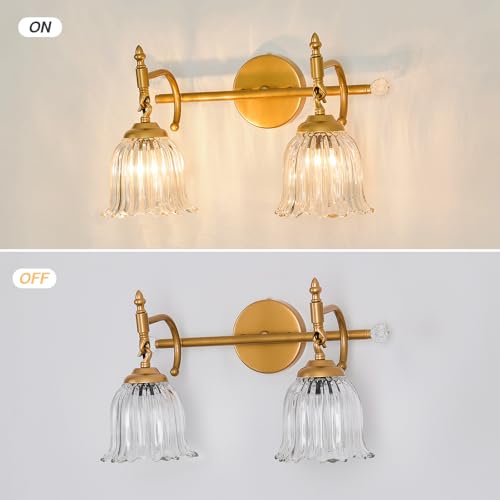 Image of CVKASH 2-Light Bathroom Vanity Light Fixtures Over Mirror,Brushed Gold Modern Vanity Light with Glass Shade Vintage Wall Sconce for Bedroom Dressing Room Living Room Hallway Cabinet