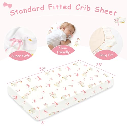 Image of Baby Crib Bedding Set for Girls, 4 Pcs Pink Gingham Baby Gril Crib Comforter Sets Include Crib Skirt, Comforter, Fitted Sheet, Diaper Stacker, (Cute Duck & Bow)