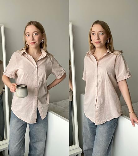Zeagoo Women Linen Button Down Shirt Rolled Cuffed Short Sleeve Blouse Ladies Summer Casual V Neck Beach Cotton Tops3