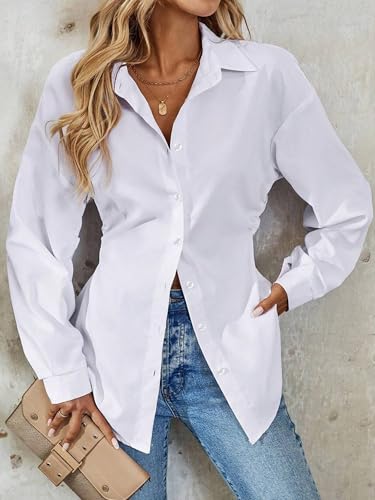 SUNNOW Women's Elegant Long Sleeve Vacation Shirt Button Down Blouse Gathered Waist Lightweight Travel Tops3