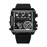 ROSEEONNE reloj de pulsera Reloj de pulsera cuadrado multizona horaria, de cuarzo, resistente al agua, con esfera grande y doble pantalla, un regalo moderno for hombre.(Black/Black)