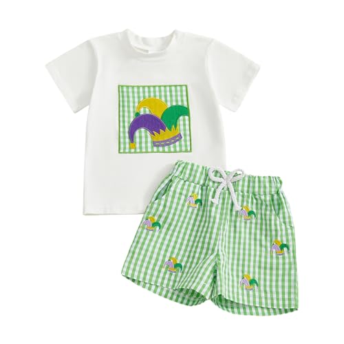 FYBITBO Toddler Baby Boy Mardi Gras Outfit Short Sleeve Crown Embroidery T-Shirt Tops Plaid Shorts Set Carnival Baby Clothes (White, 18-24 Months)