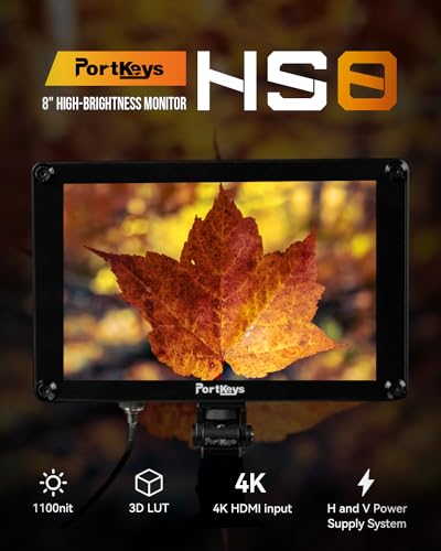 Image of Portkeys HS8 Camera Field Monitor 8 inch 1100nit Brightness Dual NP-F Battery Plates 3D LUT 4K HDMI Input 3G SDI in /Out Aluminum Housing, VESA 100 * 100 Mounting Points
