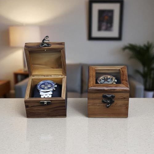 Image of Vintage Teakwood Watch Box & Jewelry Organizer - Wooden Display Case & Timepiece Cabinet, Valentine's Day Gift for Men (Combo (Wood & Glass Lid))