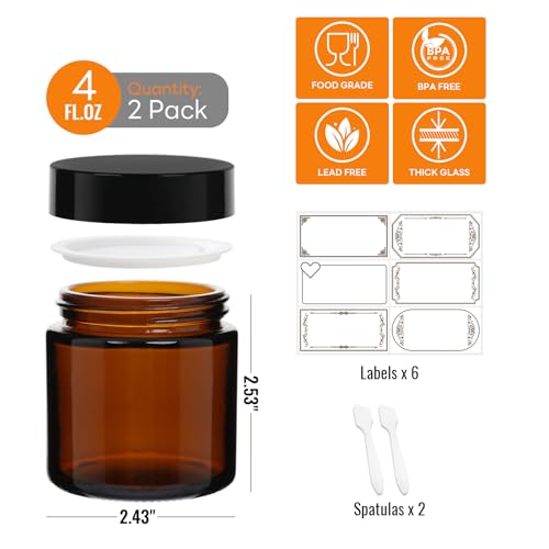 2 Pack 4 oz Amber Glass Jars with lids, Cosmetic Jars with Inner Liners and Black Lids, Lotion Jars, Candle Making Jars for Lotions, Scrubs and Cosmetic, Lables and Spatulas Include2