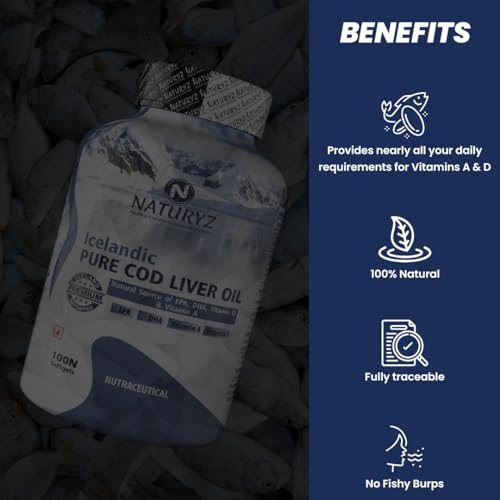 Naturyz Imported Icelandic COD Liver Oil Capsules with Natural Omega 3 (EPA & DHA), Rich in Vitamin D & A, Mercury Free, Immunity, Skin, Eye, Muscle & Joint Health Softgels, 100 Count, Pack of 1