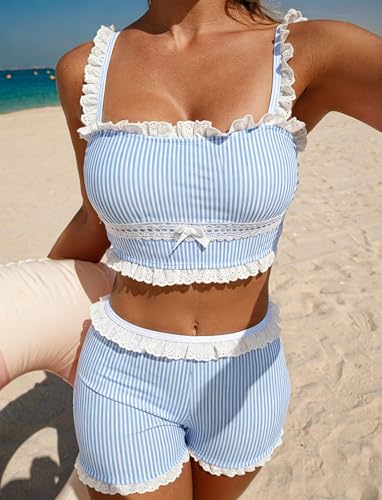 Image of ZAFUL Womens High Waisted Bikini Sets 2 Piece Plaid Ruffle Swimsuits Back Strap Top with High Waisted Shorts Bathing Suit