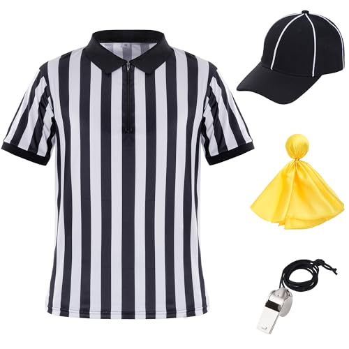 obmwang Referee Shirt for Womens and Mens Stripe Umpire Jersey Referee Hat Yellow Penalty Flag and Whistle for Football Halloween Medium