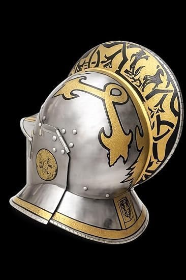 Medieval Knight Burgonet Helmet, Steel, Silver & Gold Finish Engraved Floral Motif, Cosplay, Collectible & Historical Replica
