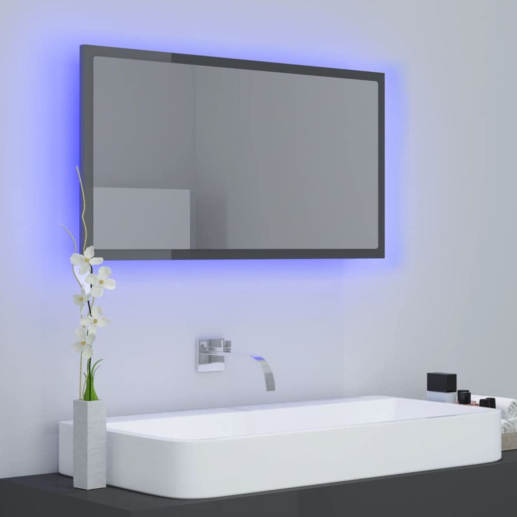 Lustro łazienkowe LED, wysoki połysk, szare, 80 x 8,5 x 37 cm, akrylowe, szafki i przechowywanie, szafki pod umywalkę, szafki łazienkowe