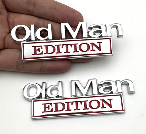 Image of 2pcs Metal Old Man Edition Emblem 3D Badge Fit for Universal Car Truck SUV Side Rear Front Hood Trunk Door Decal Sticker (Silver Red)