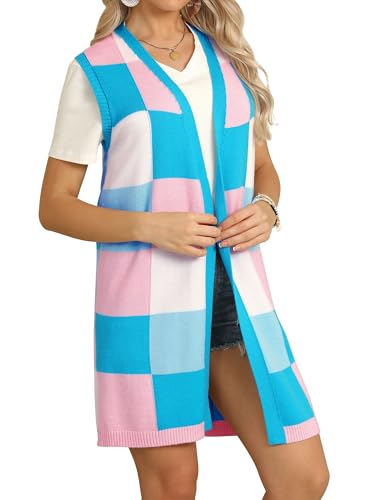 ZXZY Womens Sleeveless Cardigan Fashion Contrast Color Block Plaid Cute Lightweight Knit Long Vest4