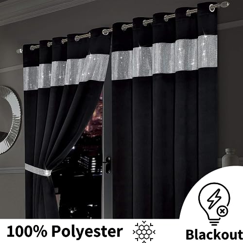Olivia Rocco Diamante Blackout Eyelet Curtains With Tie Backs Black Out Thermal Ring Top Curtain Pair Window Dressing, 66" (Width) x 54" (Drop) Black