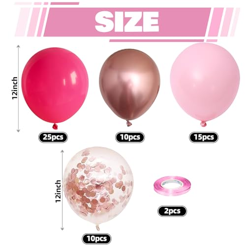 Image of Pink Balloons, 60 Packs 12 Inch Hot Pink and Chrome Rose Gold Confetti Balloons, Rose Pink Light Balloon with Ribbons for Girls Birthday Baby Shower Princess Theme Valentine's Party Decorations
