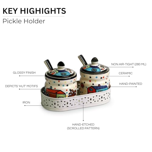 Image of ExclusiveLane 'The Hut' Ceramic Pickle Jars for Dining Table Ceramic Container With Spoons & Iron Tray(Non Air-Tight,Set Of 2,280 ml)|Ceramic Jars for Kitchen Storage Pickle Jar for Storage,Multicolor
