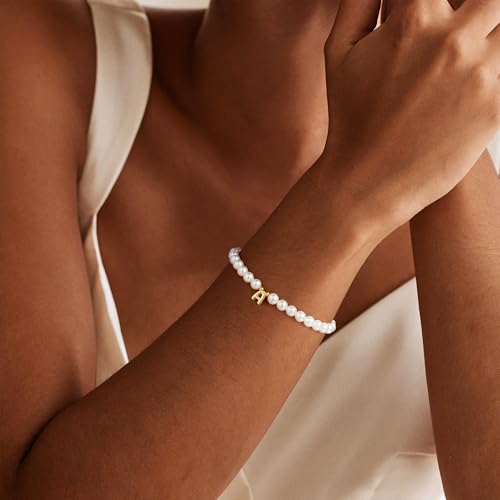 M MOOHAM Pearl Initial Bracelet for Women - Dainty Beaded Charm Bracelets for Women Trendy Charm Letter A-Z Personalized Pearl Jewelry Gifts3