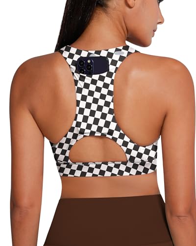 Image of QUEENIEKE BareFlow Women's Sports Bras with Phone Pocket Medium Impact Padded Racerback Workout Gym Crop Top Running Yoga Bra