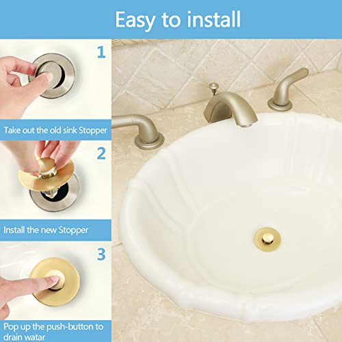 Image of Gold Bathroom Sink Stopper - Pop Up Drain Stopper & Strainer, 2-in-1 Universal Sink Stopper, Compatible with 1.1 inch to 1.5 inch Bathroom Sink Drain Pipes, Gold Matte Brushed Finish