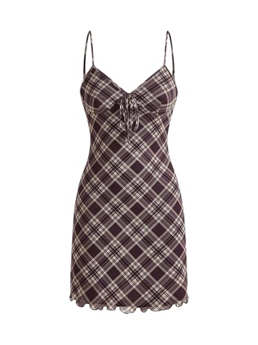 Verdusa Women's Plaid Print Bow Tie Mesh Mini Dress Spaghetti Strap Cami Dresses Brown Medium