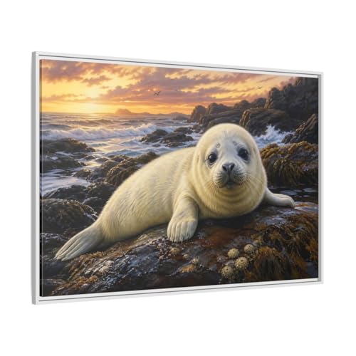 Tableau phoque blanc pour salon cosy : toile déco marine 120x80cm au-dessus de la cheminée