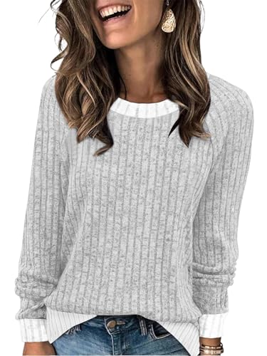 Cuptacc Pullover Damen Oversize Basic Round Neck Langarmshirt Damen Elegant Rippung Wrinkle Free T-Shirt Warm Strickoberteile Hellgrau XL