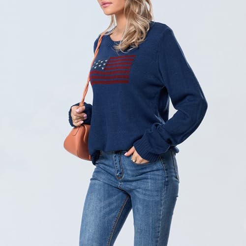 Image of Womens American Flag Sweater Long Sleeve Crew Neck Star Graphic Knit Pullover Tops Casual Loose USA Sweater