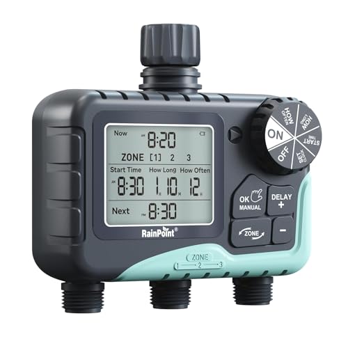 RAINPOINT Centralina Irrigazione 3 Uscite, Timer Irrigazione Da Giardino Con Ampio Display Lcd, Timer Irrigazione Automatico Con Modalità Di Ritardo Pioggia/Manuale/Automatica per Prato Da Giardino