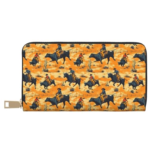 Western Cowboys Riding Bulls Print Wallet Women Men, Long PU Leather Wallets for Women, Cute Womens Travel Wallet Purse Pouch with Zipper Pocket