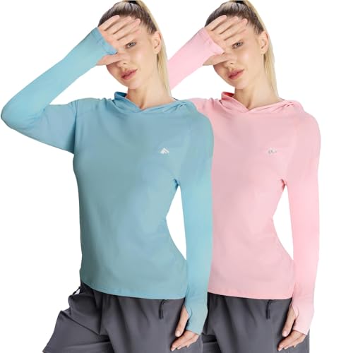 women‘s 2 Pack UPF50+ Sun Shirt Long Sleeve Hoodies UV Protection Clothing Hiking Athletic Outdoor Lightweight Shirt