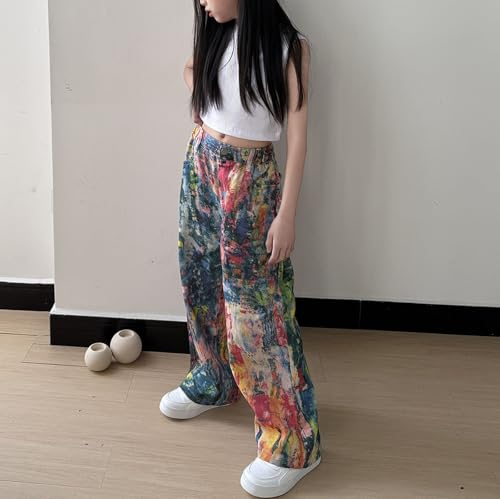 Girls Baggy Jeans Oil Painting Denim Cargo Pants Y2K Streetwear Cargo Pants Artistic Splatter Jeans Tie Dye Trousers3