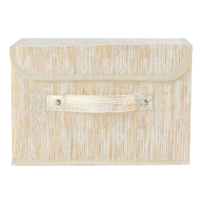 Decorative Storage Boxes with Lid Luxury Metallic Fabric Storage Bins Organizer Containers Collapsible Shelf Baskets with Handles for Home Bedroom Closet Office (Gold, Small Size)