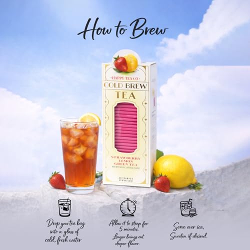 Image of Life Plus Style Gourmet Happy Tea Company Strawberry Lemon Green Tea Naturally Refreshing Cold Brew Tea Low Caffeine No Sugar Added Enjoy 40 Individually Wrapped Iced Tea Bags