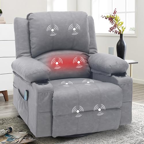Image of Comermax Massage Recliner Chair with Heat, 360° Swivel Rocker Recliner Chair with Cup Holders, 150° Recline PU Leather Recliner for Living Room,Grey