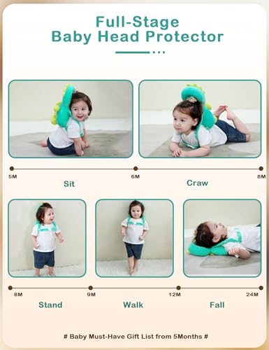 Image of JunNeng Baby Head Protector Backpack for Walking Crawling,Green Dinosaur B | Soft, Breathable, Adjustable, Baby Fall Back Head Protector for Falling