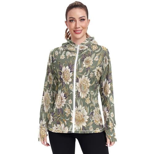 Kigai Flower Women's UPF 50+ Sun Protection Hoodie Jacket with Pocket Zip Long Sleeve Sun Shirt for Gardening Hiking Outdoor