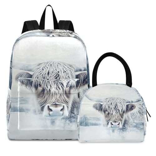 Backpack Lunch Bag Set Winter Cattle Print, Big Storage Travel Backpacks with Insulated Lunch Box for Office Hiking Picnic