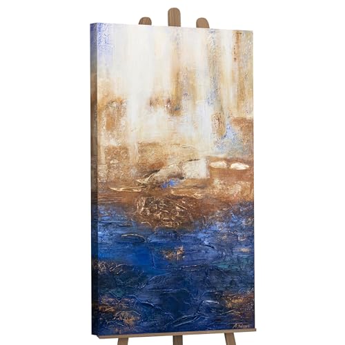 YS-Art Cuadro Pintura Abstracta Hecho a Mano Ultramar II Vertical Pintado en acrílico Azul Oscuro con Dorado Arte Moderno 120x60 cm