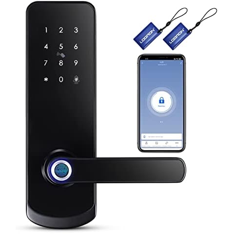 LOQRON Fingerprint Smart Door Lock, Security Keyless Entry Door Lock with Reversible Handle, Weatherproof Electronic Deadbolt, Bluetooth Fingerprint Smart Door Lock for Office Home Apartment Airbnbs Cover