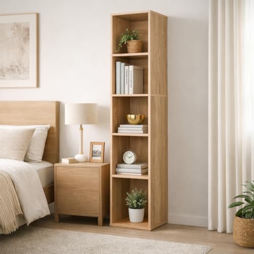 Image of 5 Cube Storage Organizer Wooden Bookshelf, 5 Cube Shelf Bookcase, Small Bookshelf Storage Organizer, 5 Cube Storage Shelf for Bedroom, Small Bookshelf for Living Room and Office (Natural, 5)