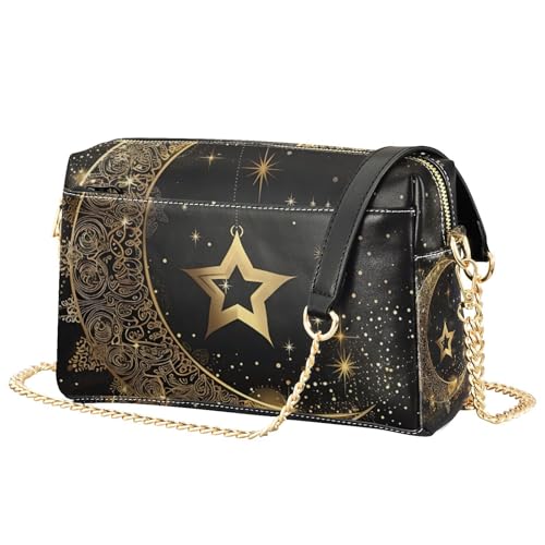 Gold Star Moon Black Crossbody Bags for Women, Small PU Leather Crossbody Purses and Handbags for Shopping Travel