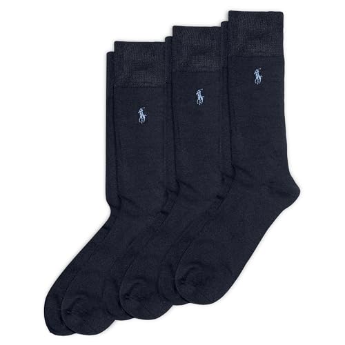 Polo Ralph Lauren Men's 3-Pack Supersoft Flat Knit with Polo Player Embroidery Socks (10-13, Navy/Charcoal/Black)
