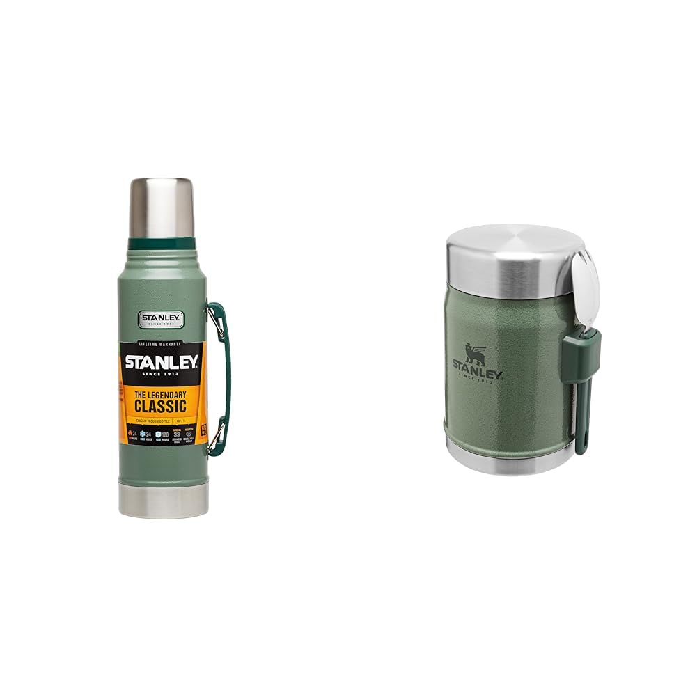 Stanley Classic Legendary Bottle 1L Hammertone Green - Borraccia Termica 1 Litro in Acciaio Inox & Classic Legendary Food Jar 0,4L / 14OZ Hammertone Green – Thermos per Alimenti in Acciaio
