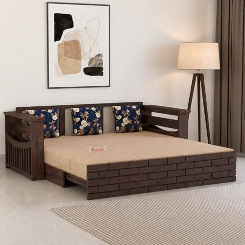 Image of Ganpati Arts Solid Sheesham Wood 3 Seater Italian Sofa Cum Bed with Side Pocket for Living Room Bedroom Wooden Bedroom Furniture for Home 1 Year Warranty (Walnut Finish)