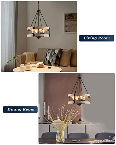 Poserion White Oak Wood Farmhouse 4-Light Drum Chandelier Black Metal Mesh Pendant Light For Dining Room Living Bed Room #TOP1