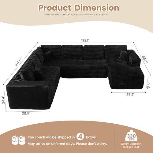 Image of HOOOWOOO Cloud Sectional Couches for Living Room,Modular Sectional Sofa No Assembly,133X108 Inch Plush Corduroy Large U Shaped Floor Couch Set with Deep Seat Right Chaise(Black)